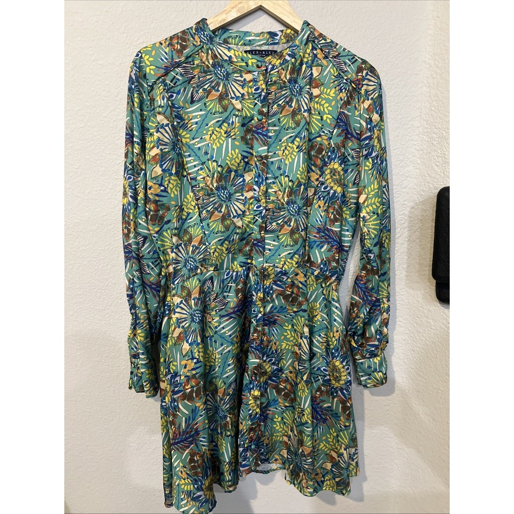 Alex + Alex USA Tropical Printed GREEN  Long Sleeve Pockets Dress MEDIUM